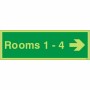 Glow in the dark Rooms 1-4 arrow right wayfinding sign