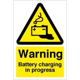 Warning Battery Charging In Progress Sign with yellow and black battery hazard symbol
