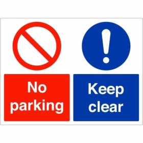 Red and blue No Parking Keep Clear Sign with prohibition and mandatory symbols