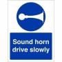 Sound Horn Drive Slowly Sign with white horn symbol on blue background