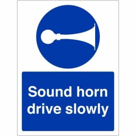 Sound Horn Drive Slowly Sign with white horn symbol on blue background