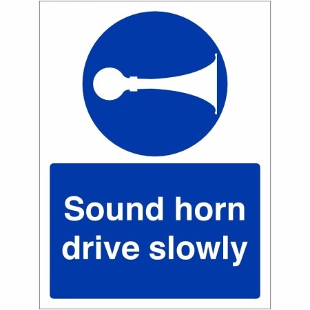 Sound Horn Drive Slowly Sign with white horn symbol on blue background