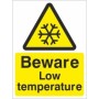 Beware Low Temperature Sign with Snowflake Warning Symbol