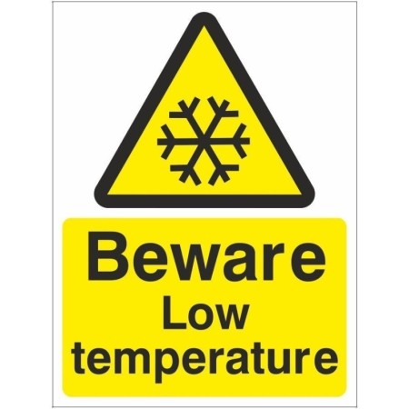 Beware Low Temperature Sign with Snowflake Warning Symbol