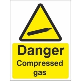 Danger Compressed Gas Warning Sign with yellow and black gas cylinder hazard symbol
