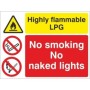 Highly Flammable LPG No Smoking No Naked Lights Sign with warning and prohibition symbols