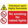 Petroleum Spirit Highly Flammable No Smoking No Naked Lights Sign with warning and prohibition symbols