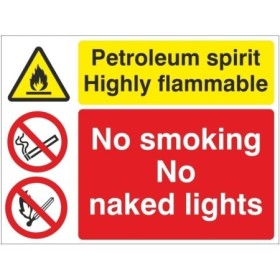 Petroleum Spirit Highly Flammable No Smoking No Naked Lights Sign with warning and prohibition symbols