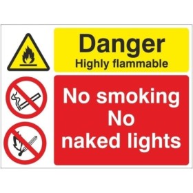 Danger Highly Flammable No Smoking No Naked Lights Sign with warning and prohibition symbols