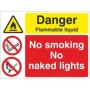 Danger Flammable Liquid No Smoking No Naked Lights Sign with warning and prohibition symbols
