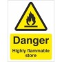 Danger Highly Flammable Store Sign with yellow and black flame warning symbol