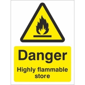Danger Highly Flammable Store Sign with yellow and black flame warning symbol