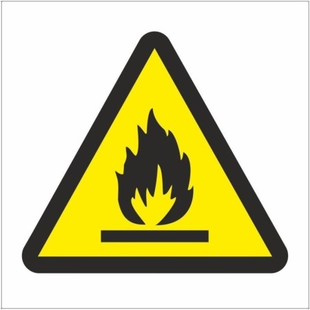 Flammable Symbol Sign with yellow warning triangle and black flame hazard symbol