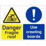 Danger Fragile Roof Use Crawling Boards Sign with warning and mandatory safety symbols