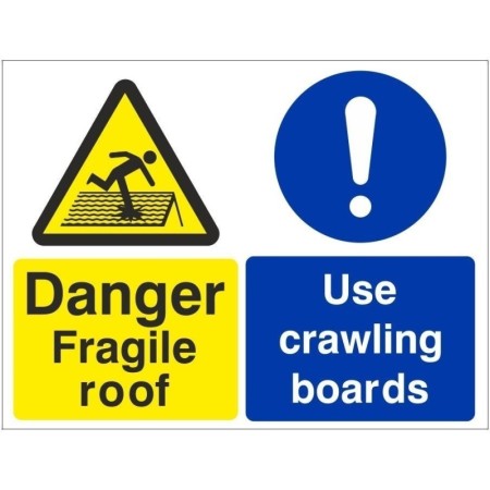 Danger Fragile Roof Use Crawling Boards Sign with warning and mandatory safety symbols