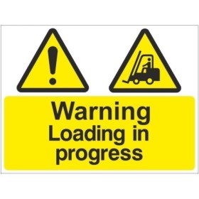 Warning Loading In Progress safety sign with hazard and forklift symbols for warehouses and loading bays