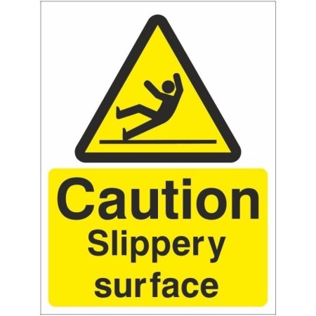Caution Slippery Surface Sign with slipping person symbol and yellow and black design