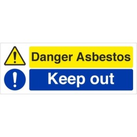 Danger Asbestos Keep Out landscape safety sign with warning and mandatory symbols
