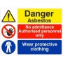 Danger Asbestos No Admittance Protective Clothing safety sign with warning, prohibition and mandatory symbols