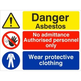 Danger Asbestos No Admittance Protective Clothing safety sign with warning, prohibition and mandatory symbols