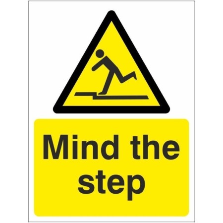 Mind The Step Warning Sign with step hazard symbol and yellow and black design