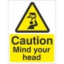 Caution Mind Your Head Warning Sign with overhead hazard symbol and yellow and black design