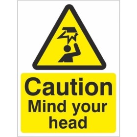 Caution Mind Your Head Warning Sign with overhead hazard symbol and yellow and black design