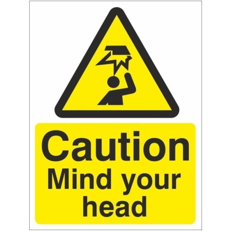 Caution Mind Your Head Warning Sign with overhead hazard symbol and yellow and black design