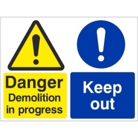 Danger Demolition In Progress Keep Out Sign with warning and keep out symbols
