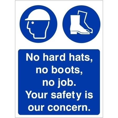No Hard Hats, No Boots, No Job Sign with hard hat and safety boot symbols