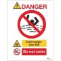 Danger Deep Cold Water Do Not Swim Sign with cold water and no swimming warnings