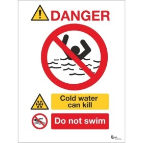 Danger Deep Cold Water Do Not Swim Sign with cold water and no swimming warnings
