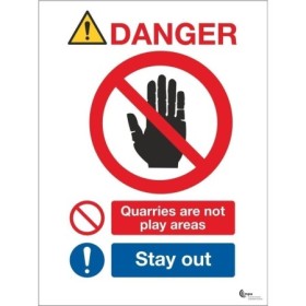 Danger Quarries Are Not Play Areas Stay Out Sign with prohibition and warning symbols