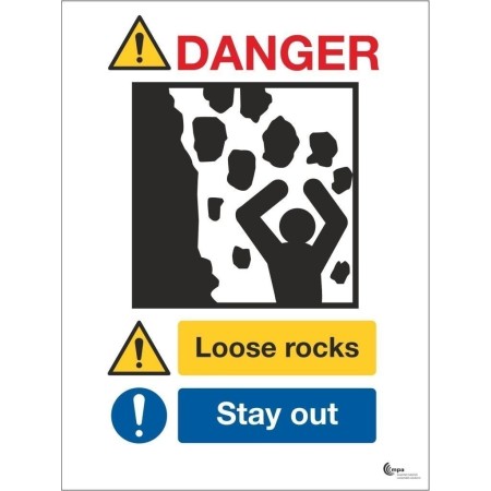 Danger Loose Rocks Stay Away Sign with falling rocks warning and stay out instruction