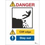 Danger Cliff Edge Stay Away Sign with falling person graphic and stay out instruction