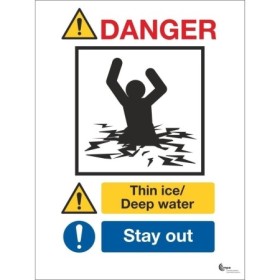 Danger Thin Ice Deep Water Sign with stay out instruction