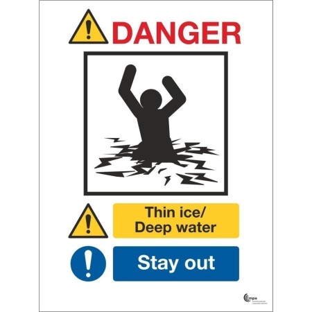 Danger Thin Ice Deep Water Sign with stay out instruction