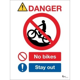 Danger No Bikes Stay Out Sign with bicycle prohibition and stay out symbols