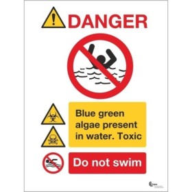 Danger Blue Green Algae Present In Water Do Not Swim Sign with toxicity and prohibition symbols