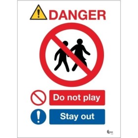 Danger Do Not Play Stay Out Sign with prohibition and stay out safety symbols
