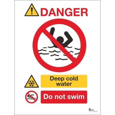 Danger Deep Cold Water Do Not Swim Sign with cold water and no swimming symbols