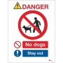 Danger No Dogs Stay Out Sign with prohibition and stay out symbols