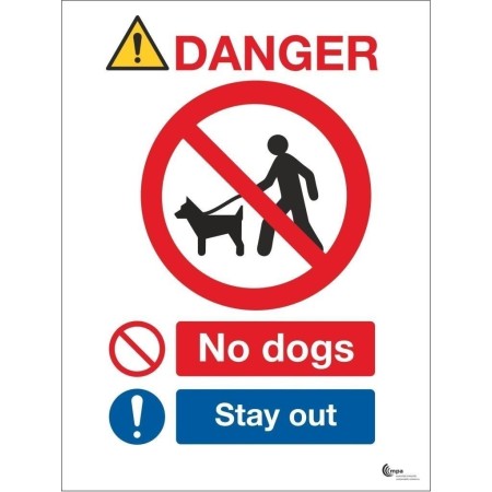 Danger No Dogs Stay Out Sign with prohibition and stay out symbols