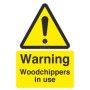 Warning woodchippers in use safety sign with yellow hazard symbol