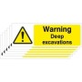 Pack of 6 Warning Deep Excavations safety signs with yellow warning symbol