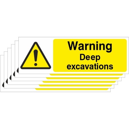 Pack of 6 Warning Deep Excavations safety signs with yellow warning symbol