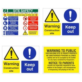 Pack of 4 Construction Site Safety Signs with warning, mandatory and site safety messages