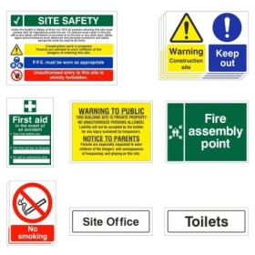 Pack of 12 Construction Site Safety Signs with warning, prohibition, first aid and fire safety signage