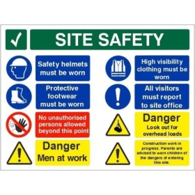 Danger Men At Work multi message site safety board with mandatory, prohibition and warning safety signs.