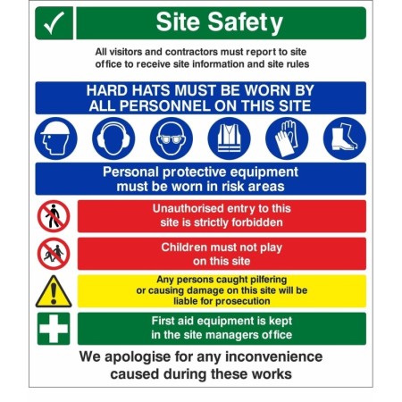 Site Safety Hard Hats Must Be Worn multi message safety board with mandatory PPE symbols and site safety instructions.
